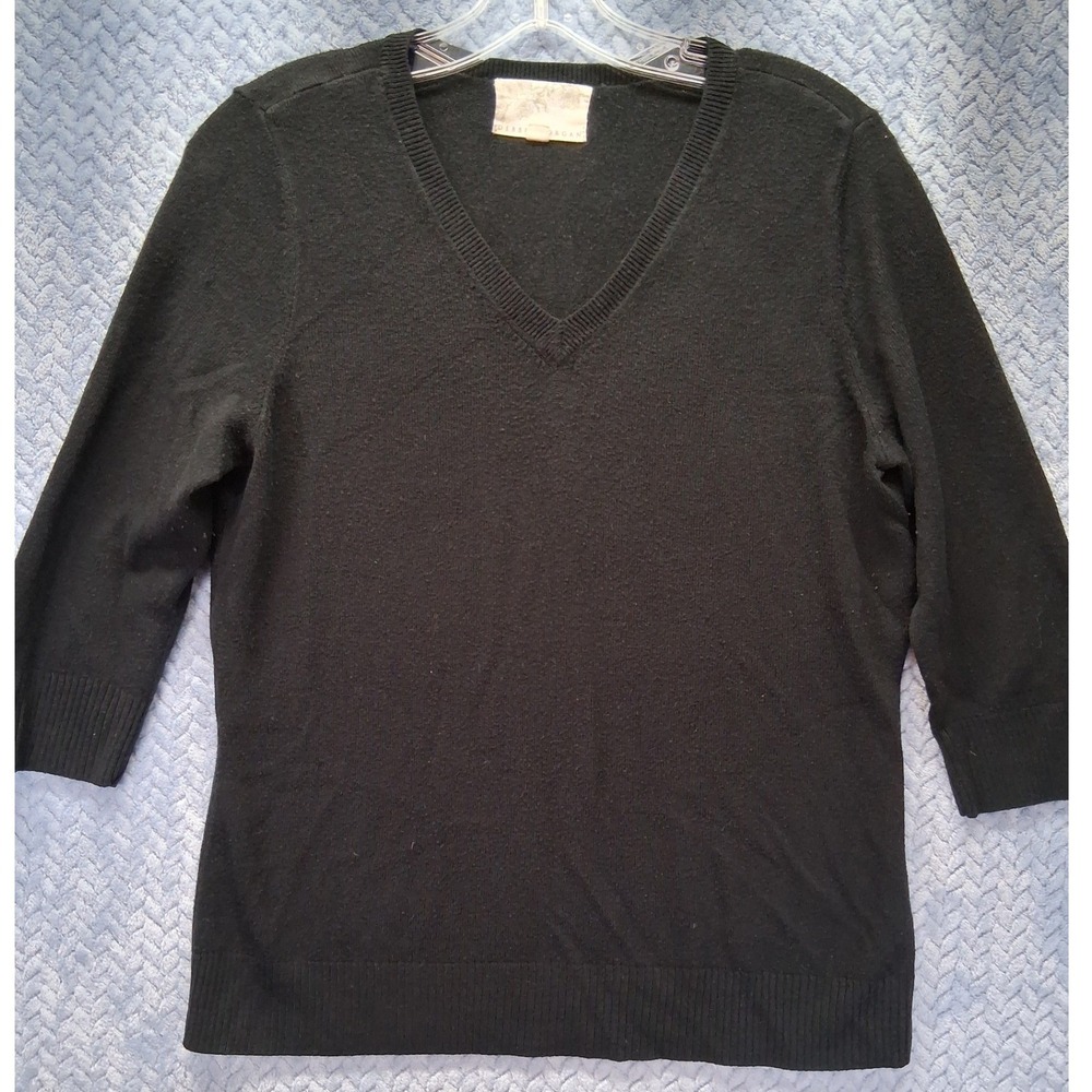 Debbie Morgan Black V-Neck Sweater 3/4 Sleeve Acrylic Knit Size L